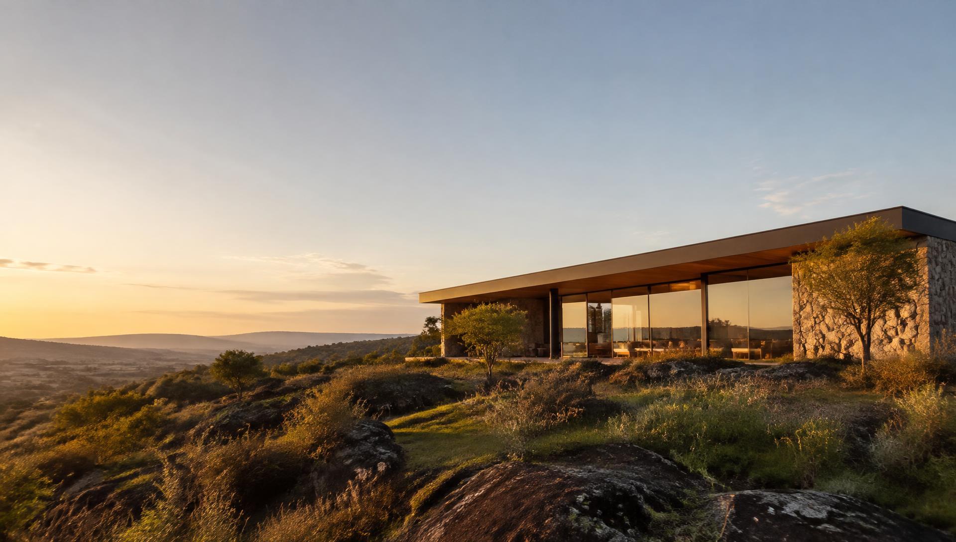 Casa contemporânea integrada à natureza ao entardecer